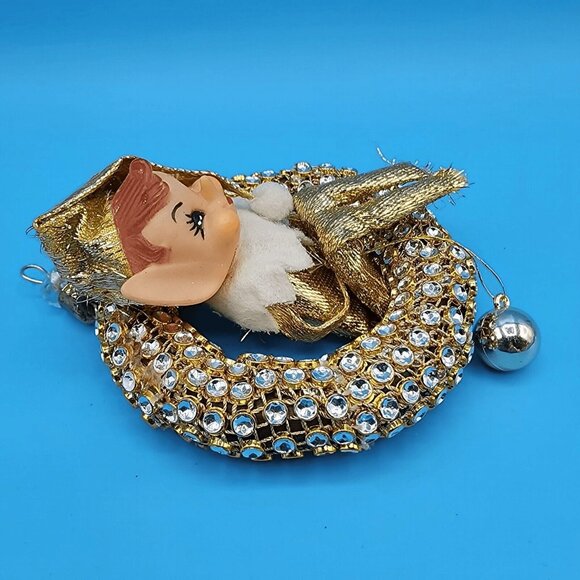 1950s Pixie Elf Knee Hugger Gold Wreath Ornament Retro Christmas Decor - Picture 8 of 11